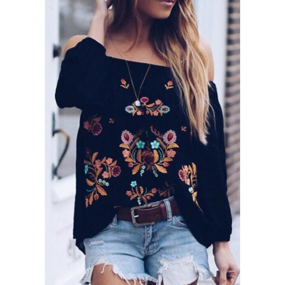 Black Floral Embroidered Off Shoulder‎ Long Sleeve Oversize Boho Top Blouse